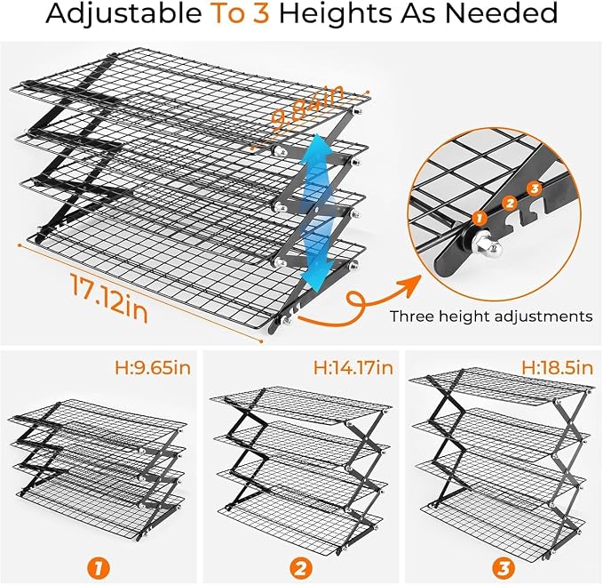 Collapsible Cooling Rack, Adjustable Stainless Steel Drying Rack (FOLD-4-TIER) | X-Shaped Structure Wire Cooling Rack for Baking, Cookies, Cake, Fruit, Bread,Roasting, Grilling, Drying Rack, Dishwasher Safe