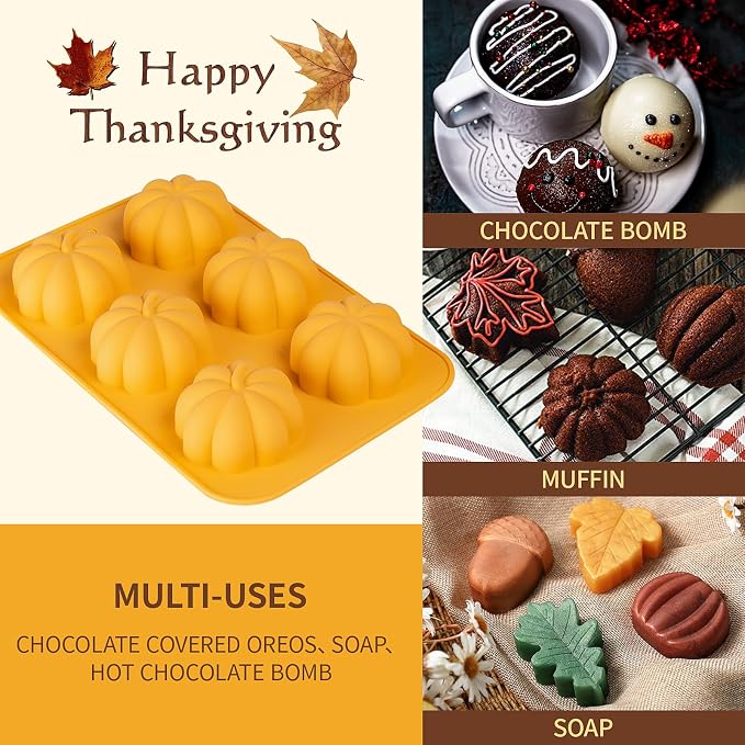 Silicone Pumpkin Mold, 3 Pack Pumpkin Soap Molds Fall Baking Molds for Muffin Cake Pop Jello Chocolate Bomb Fall Bath Bomb Moulds, 3D Thanksgiving Molds for Making Autumn Wax Candle