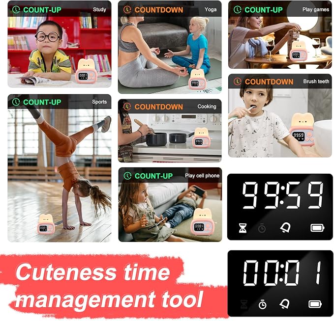 QANYI Timer Clock Night Light for Kids, Tiny Hand Size Portable LED Clock Lamp Kids Desktop Timer for Toothbrush, Learning, Exercise, Bathroom, Oven, Baking, Cooking, Table, Bedroom, Kitchen