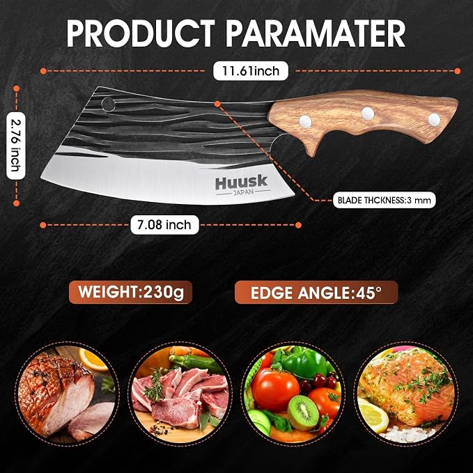 Huusk Butcher Knives for Meat Cutting, Hand Forged Meat Cleaver Knife Full Tang High Carbon Steel Chef Knives Heavy Duty Butcher Knife for Camping, BBQ, Gift for Men and Women