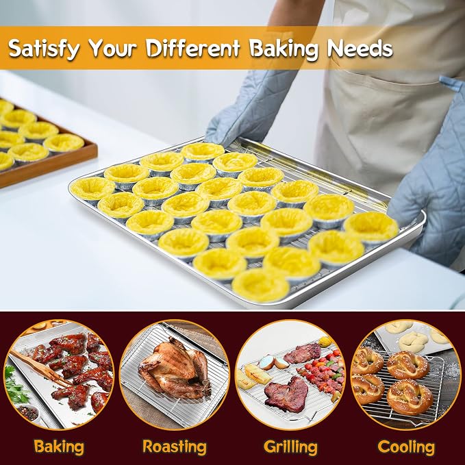 P&P CHEF 17.5 Inch Baking Sheet with Rack Set, Pans with Flat Racks | 2 Baking Sheets + 2 Cooling Wire Racks, Dishwasher & Oven Safe, Non-toxic & Lasting Use, Fit for Regular Oven