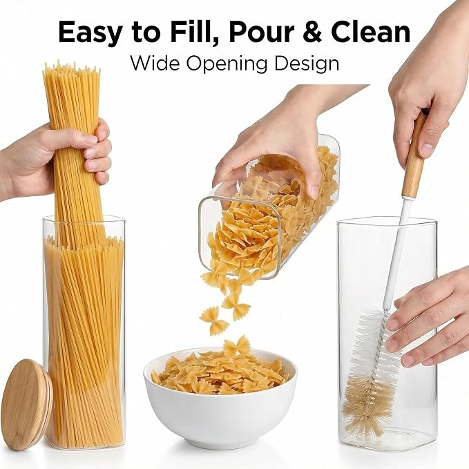 Pasta Storage Containers 3 Pack, 78oz Square Airtight Glass Spaghetti Container with Bamboo Lids, Tall Glass Pasta Storage Jar for Pantry Organization Spaghetti Linguine Fettuccine Cereal
