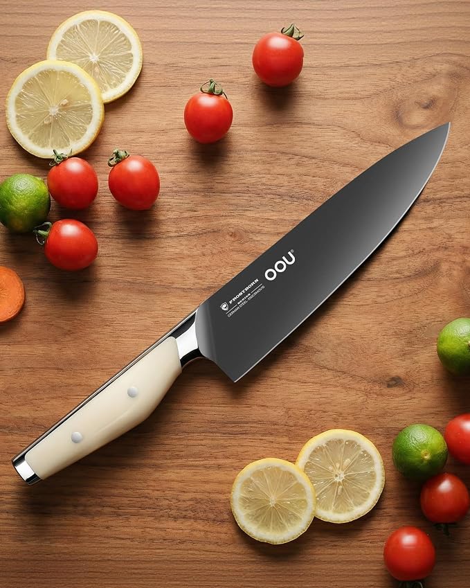 OOU 8 Inch Chef Knife, German 1.4116 Stainless Steel Kitchen Knife, Gunmetal Blade with AgShield & TinSharp Finish, Balanced ABS Handle, Sharp Cooking Knife for Meat, Vegetables and Daily Prep
