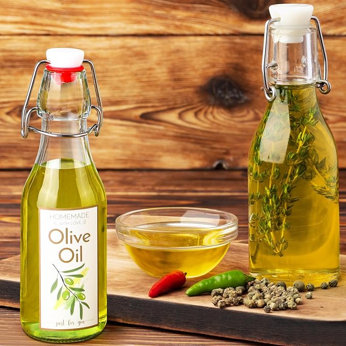 Havawish 16 Pcs 8 oz Mini Olive Oil Bottles Homemade Swing Top Clear Flip Top Bottles with Airtight Lids Labels for Storing Homemade Olive Oil Wedding Baby Shower Favors(Circle)