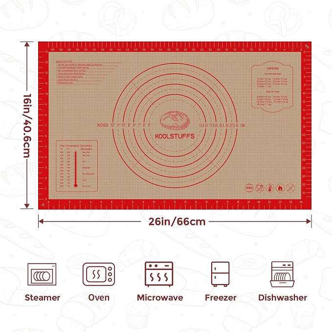 Koolstuffs Silicone Pastry Mat, 26" x 16", Non Slip for Rolling Dough | Reusable 0.7 mm Nonstick Surface with Printed Measurements for Sourdough, Bread, Pizza, Pie, Cookies, and Fondant