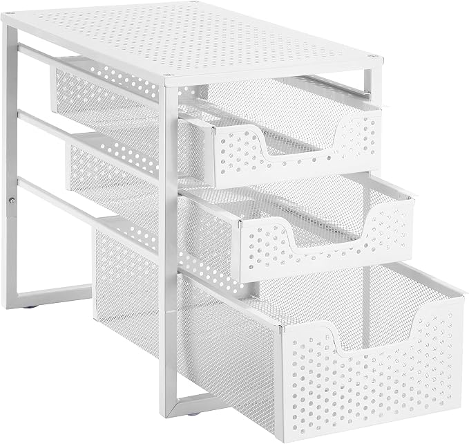Simple Trending Under Sink Organizer 3-Tier with Sliding Storage Drawer | Multi-Purpose Desktop Organizer, Metal Cabinet Organizer for Kitchen Bathroom Office, Stackbale, Space Saving, White