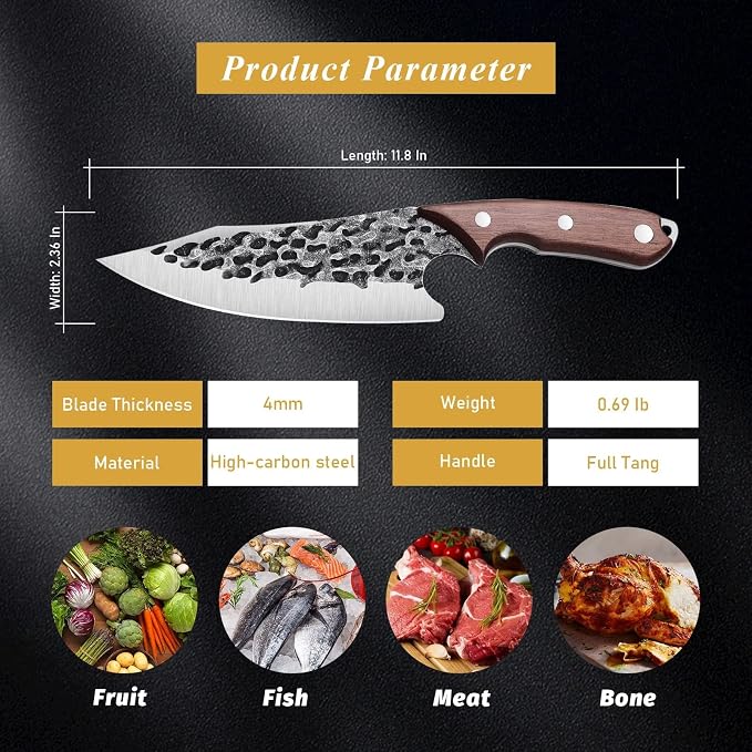 Huusk Viking Knife with Sheath - Hand Forged Boning Knife for Meat Cutting, Japanese Chef Knives for Kitchen, Outdoor Camping, Gift for Men and Women