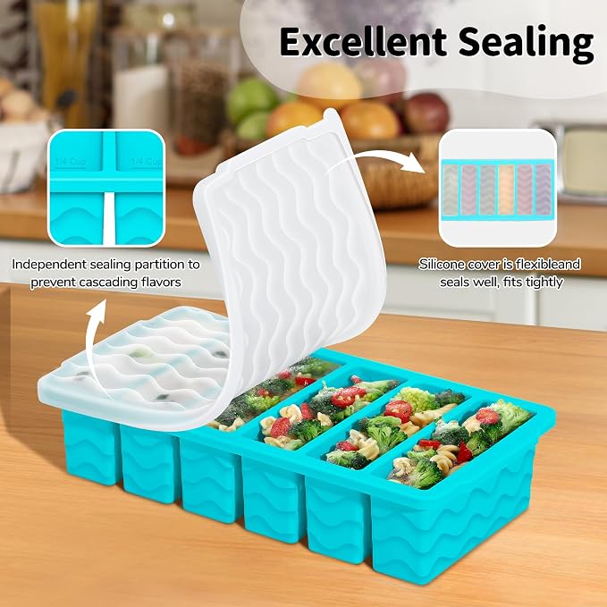 Doasuwish 3-Pack Silicone Freezer Trays with Lid,2 Large 2-Cup(500ml)&4 Medium 1-Cup(250ml)&6 Small 1/2-Cup(125ml) Soup Freezer Container Molds,Ice Cube Tray For Meal Prep&Freezing Soup,Stews,Sauces