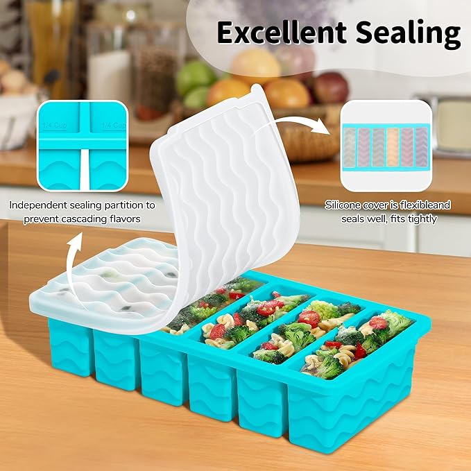 3-Pack Silicone Freezer Trays with Lid,2 Large 2-Cup(500ml)&4 Medium 1-Cup(250ml)&6 Small 1/2-Cup(125ml) Soup Freezer Container Molds,Ice Cube Tray For Meal Prep&Freezing Soup,Stews,Sauces
