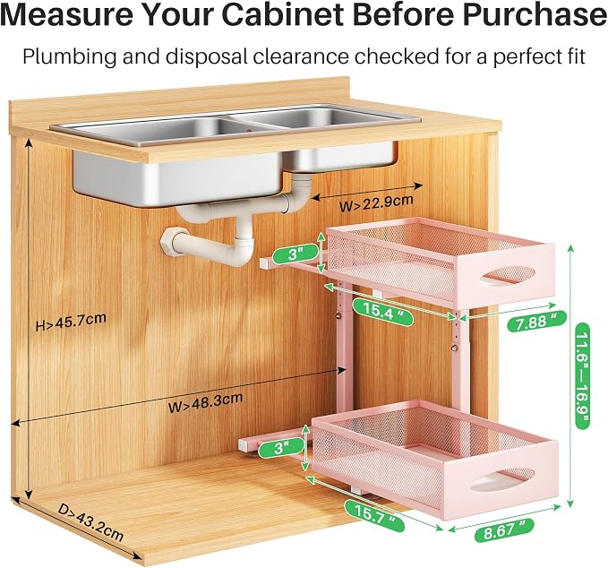 2 Pack Under Sink Organizer, 2 Tier Pull out Cabinet Organizer Mesh Baskets with 5 Adjustable Heights, Sliding Drawers Storage Shelf for Home, Kitchen, Bathroom, Pantry, Office, Countertop ,Pink