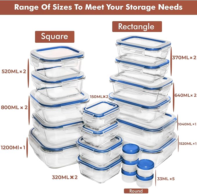 Razab 35 Pc Set Glass Food Storage Containers with Lids - Meal Prep Airtight Bento Boxes BPA-Free 100% Leak Proof (15 lids,15 glass & 5 Plastic Sauce/Dip Containers)