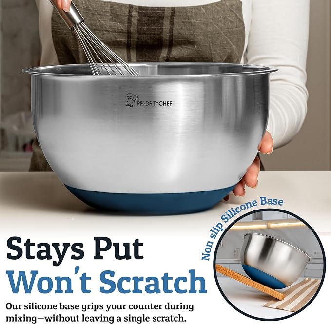 Priority Chef Stainless Steel Mixing Bowls with Lids Set, Metal Nesting Bowls with Airtight Lids, Graters, Non-Slip Base & Measurement Marks, Includes Utensil Set for Prep, Baking & Storage, Blue