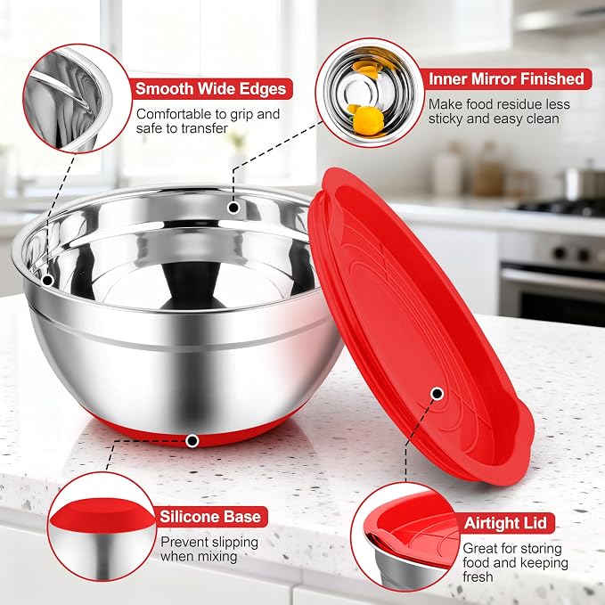 TeamFar Mixing Bowls, Red Mixing Bowls with Lids Set, Stainless Steel Nesting Salad Bowl with Air-tight Lid & Silicone Bottom, Non Slip & Stackable - Set of 6-4.6/2.6/2 / 1.5/1 / 0.7 Qt