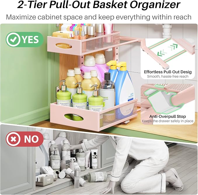 Under Sink Organizer, 1-Pack Pull Out Cabinet Organizer 2 Tier Metal Slide Out Storage Shelf Rack, L-Shaped Adjustable Height,Mesh Sliding Drawer for Kitchen, Bathroom, Laundry, Pantry, Pink, XL