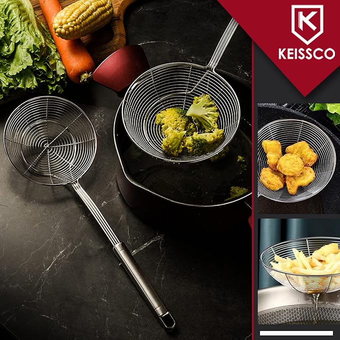KEISSCO Stainless Steel Spider Strainer Skimmer Spoon For Frying and Cooking - Set of 3 Solid Wire Asian Strainer Ladle Pasta Strainer with Long Handle, Professional Kitchen Skimmer Ladle
