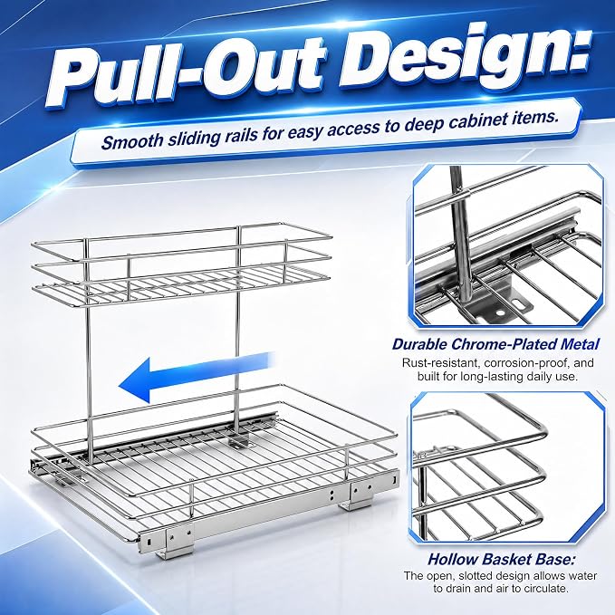 Hicarer 2 Tier Pull out Metal Under Sink Cabinet Organizer 12.6"W x 16.54"D | Metal Sliding Drawer Shelf Storage Rack Organization for Kitchen Cabinets, Pantry, Laundry, Bathroom, Chrome Finish