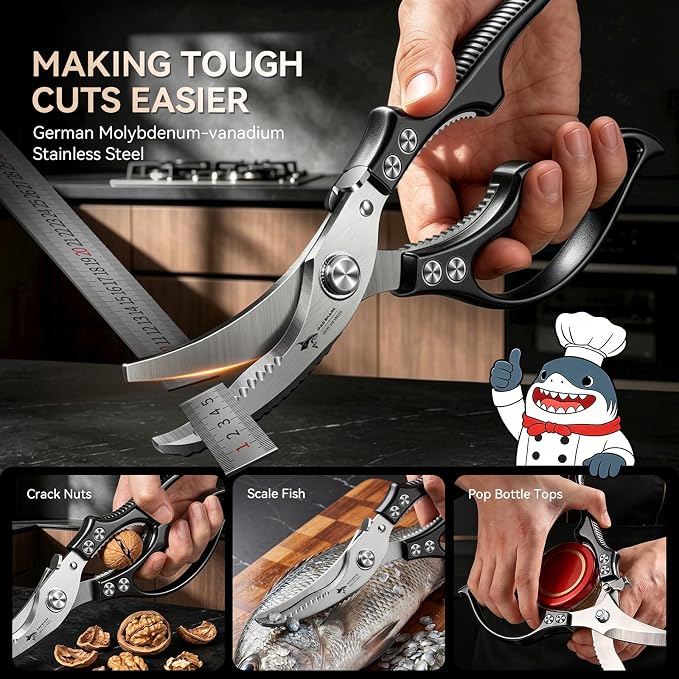 MAD SHARK Professional Heavy Duty Poultry Shears - Kitchen Shears for Spatchcocking Chicken and Meat Cutting, Multi-Purpose Kitchen Scissors for Food, Spring-loaded (Black)