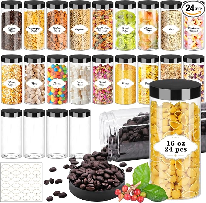PeacePeo 16 OZ Plastic Jars with Lids, 24 Pack Clear Storage Containers | Large Capacity Clear Storage Jars, Straight Cylinders, Refillable, Airtight and Wide-Mouth for Household Storage