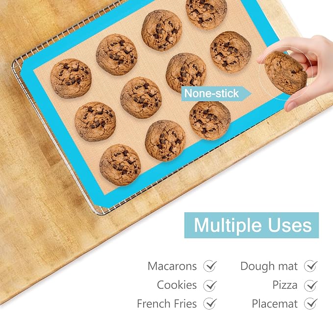 Silicone Baking Mat Set of 3, Non-Stick 2 Half & 1 Quarter Sheets | Dishwasher Safe, Reusable Baking Supplies for Cookies, Bread, Pastries & Dough, Mint Blue