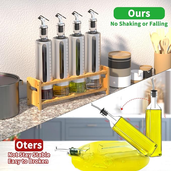 SINYWAY Oil Dispenser Bottle, 4 Pack Glass Olive Oil Dispenser Bottle with Shelf, 17oz/500 ml Oil and Vinegar Dispenser Set Wrapped in Stainless Steel Shell with Pourers, Funnel & Pen and Tags | 17oz/500 ml Oil and Vinegar Dispenser Set Wrapped in Stai...