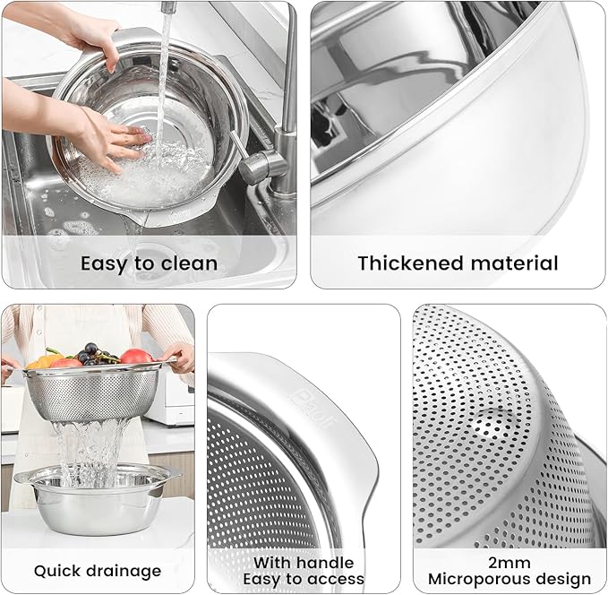Paoli 304 Stainless Steel Fine Mesh Colander Set, 2.5QT Large Capacity Strainer with Mixing Bowl — Rinse Fruits, Veggies, Rice & Drain Pasta, Dishwasher Safe (2-Piece)