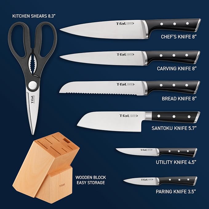 T-fal Ice Force German Stainless Steel Kitchen Knife Set and Wood Block 8 Piece, Long Lasting Sharpness, High Cutting Precision, Superior Durability, Ultra Sharp Blades, Cookware Kitchen Gadget Black