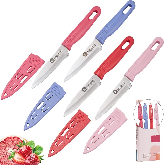 4 Pieces Kitchen Knife Set Stainless Steel Blade, Paring knife for Fruit and Vegetable with Matching Covers Colorful Combo Lovely Pink Color Gift Set (4)