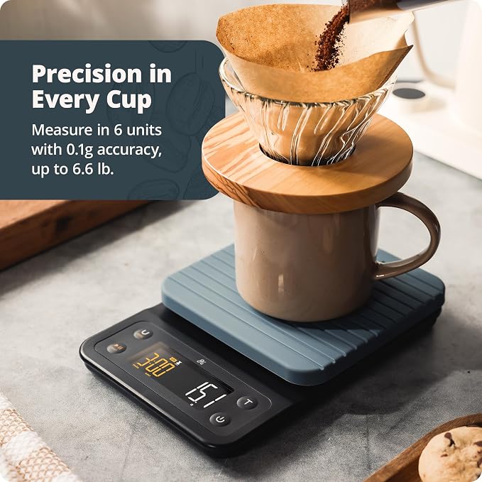 Greater Goods Coffee Scale with Timer, 0.1g Precision for Espresso & Matcha | Digital Pour-Over Scale with Waterproof Silicone Cover, Backlit Display & 6.6lb Capacity for Chemex, V60, Drip (Stone Blue)