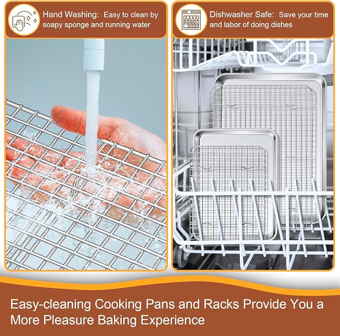 P&P CHEF 16 + 10.4 Inch Baking Sheet Pan and Cooking Rack - 4 Pieces | 2x Cookie Sheet + 2x Grid Rack, Stainless Steel Oven Tray with Wire Rack for Oven Baking, Healthy & Sturdy & Easy to Clean