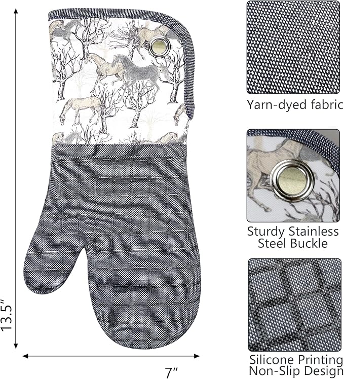 Silicone Printing Oven Mitts Heat Resistant to 500 Degree,Yarm-Dyed Oven Gloves with Animal Design Non-Slip for Kitchen Cooking Barbecue Baking and Machine Washable. (Gray Oven Mitts)