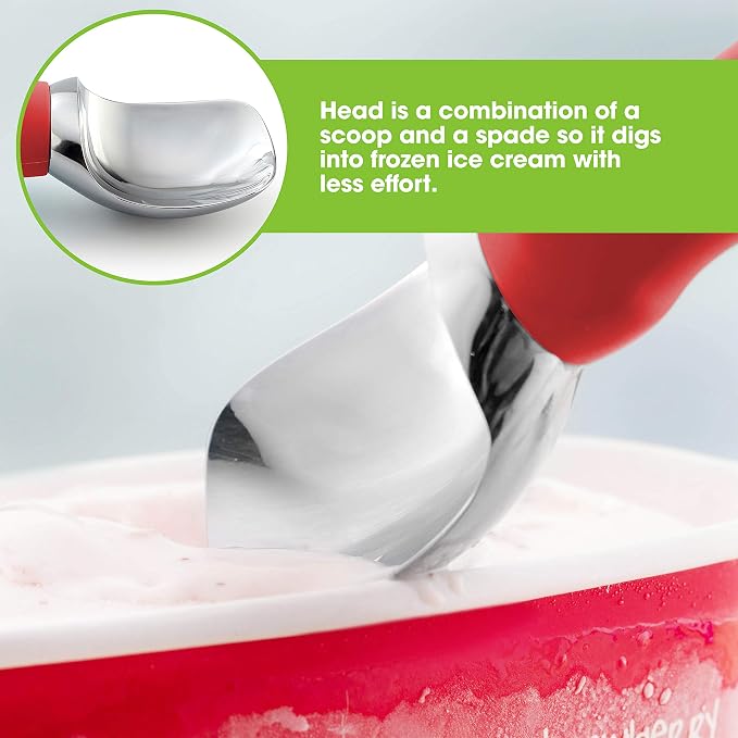 Spring Chef Red Heavy Duty Ice Cream Scoop - Stainless Steel Ice Cream Scooper with Non-Slip Handle - Premium Metal Kitchen Tool for Gelato, Sorbet, Melon - Dishwasher Safe Icecream Spoon