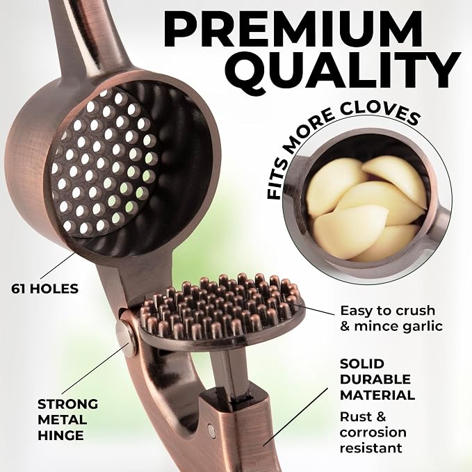 Zulay Kitchen Large Premium Garlic Press Set - Bigger Bowl for Bigger Garlic - Rust Proof Garlic Mincer Tool - Easy-Squeeze, Easy-Clean Silicone Garlic Peeler & Brush (Copper)