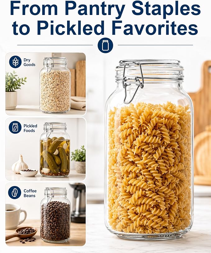 OneDream 78oz Glass Jars with Airtight Lid, 3 Pack Large Glass Storage Jars | Airtight Clamp Lids, Leak Proof, Wide Mouth, Thick Glass, Food-Grade, BPA-Free, Pantry Organization, with Labels & Marker