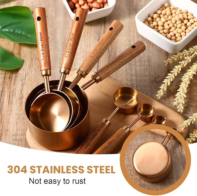 8-Piece Stainless Steel Measuring Cups and Spoons Set - Rose Gold Baking Measuring Cups and Spoons Set with Wooden Handles for Cooking & Baking (US & Metric Measurements)