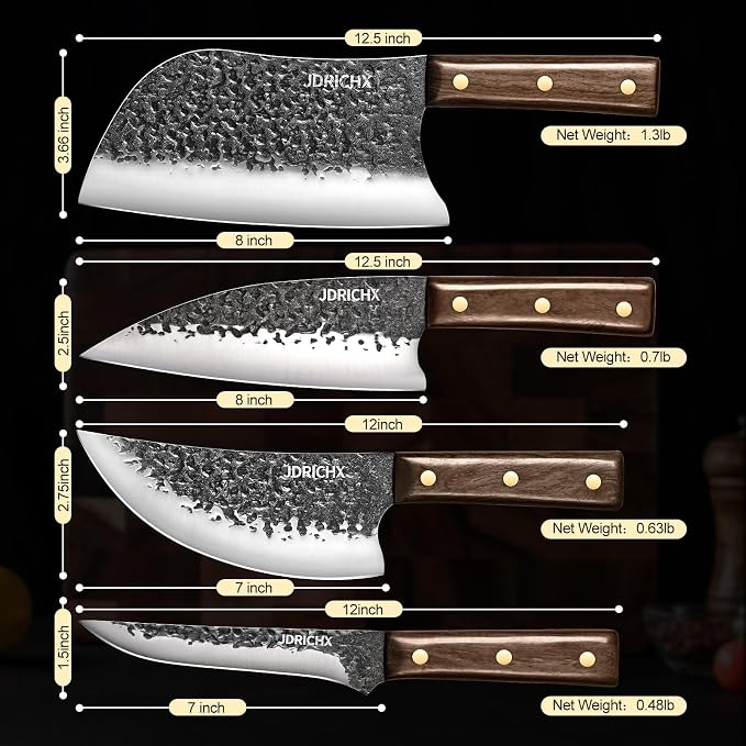 4-Piece Hand Forged Butcher Knife Set with High Carbon Steel | Full Tang Meat Cleaver Set for Bone Cutting, BBQ, Meat Preparation and Outdoor Cooking