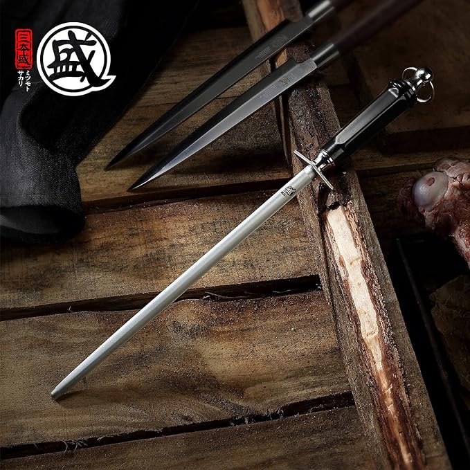MITSUMOTO SAKARI 10-Inch Round Diamond Knife Sharpening Rod, ABS Handle | Round diamond surface for edge maintenance, high carbon steel rod, ABS handle and built-in magnet