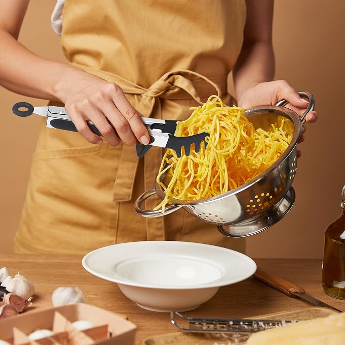 Professional Stainless Steel Pasta Tongs with Non-Slip Silicone Teeth - Heat Resistant 600°F, Dishwasher Safe Spaghetti Server Utensil for Cooking, Baking, Salad...(black)