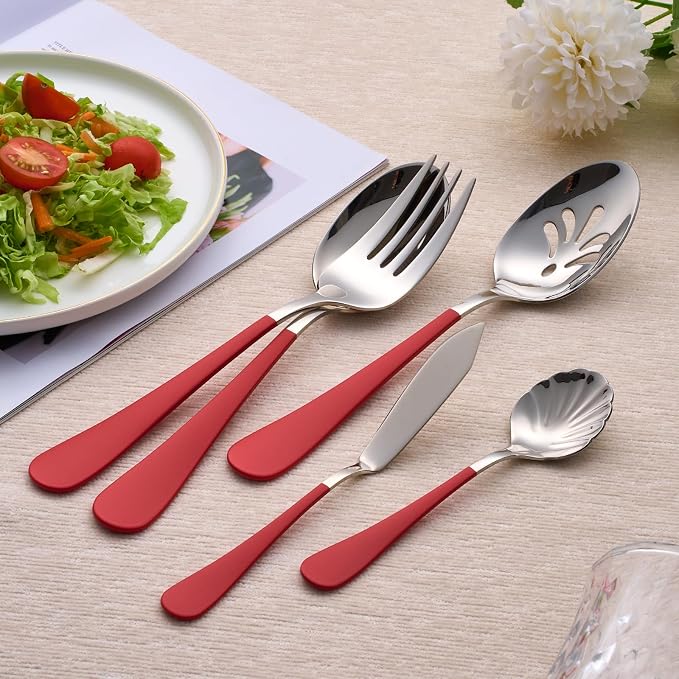 10 Pieces Red Serving Set, 18/0 Stainless Steel Hostess Set, Slotted Serving Spoon, Salad Spoon/Fork, Butter Knife, Two Color Combinations Set, Dishwasher Safe