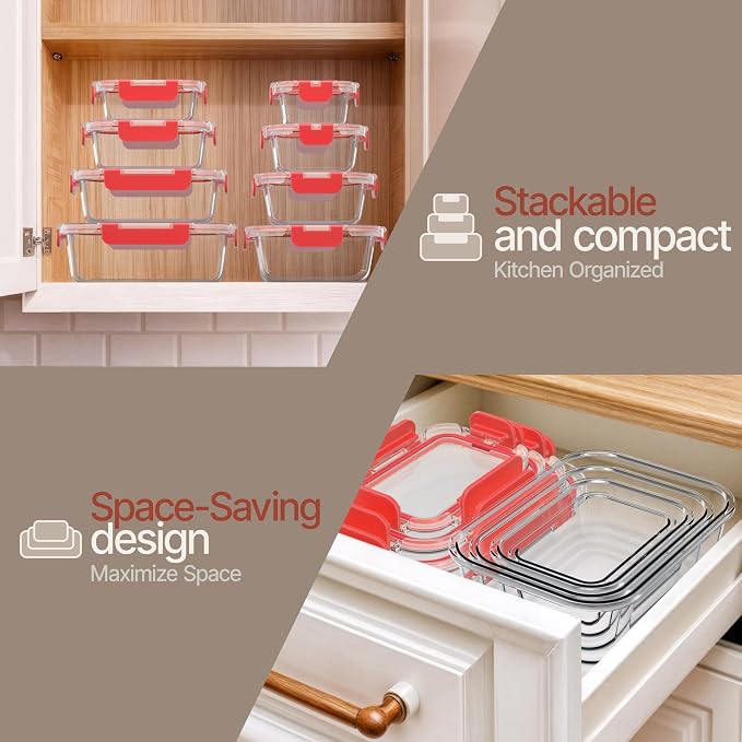 Bakken Borosilicate Glass Food Storage Containers with Lids 24 Pieces, BPA-Free Stackable Lunch & Leftover Containers, Microwave, Freezer & Dishwasher Safe, 100% Airtight Leak-Proof, Red