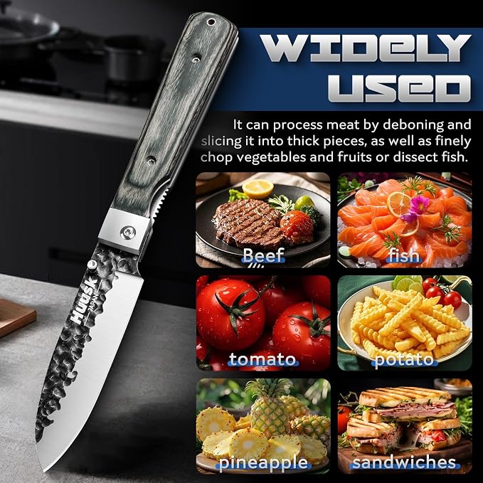 Huusk Japanese Folding Santoku Knife - Pocket Chef Knife with Hand Forged Blade - Portable Kitchen Knives for BBQ, Camping and Travel - Gift for Men and Women