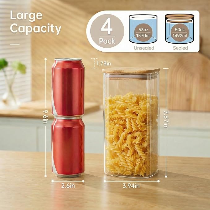 53 oz Square Glass Food Storage Containers with Airtight Bamboo Lids, 4Pack | Pantry Jars for Pasta, Rice, Sugar & Flour, Durable Borosilicate Glass Canisters Keep Food Dry & Fresh, Easy to Fill & Clean