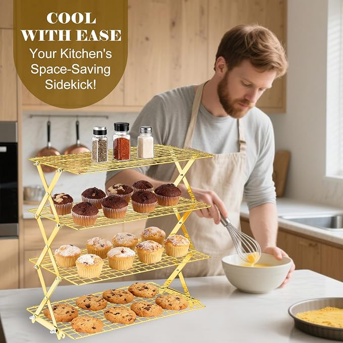 BEWOS 4 Tier Collapsible Cooling Rack - Adjustable Stainless Steel Baking Rack with Mesh Leak Proof，Foldable X-Shaped Structure Cooling Racks for Cooking and Baking, Dishwasher Safe（Gold）