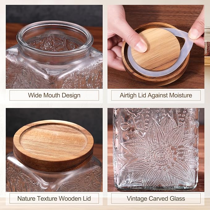 5 Pcs Sunflower Vintage Glass Jars with Bamboo Airtight Lid 17/24/34 oz Glass Food Containers Storage for Kitchen Counter Pantry Sugar Flour Coffee Tea Candy Oats Cereal(Square)