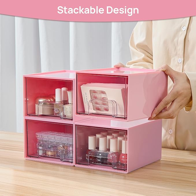 Vtopmart 4 Pack Small Clear Stackable Storage Drawers, Pink | Bathroom Makeup Accessories Organizer, Plastic Bins For Desk, Vanity, Undersink, Medicine Cabinet ,Home Organization