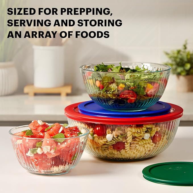 Pyrex Sculpted (3-Pack) Glass Mixing Bowls Set With Plastic Lids