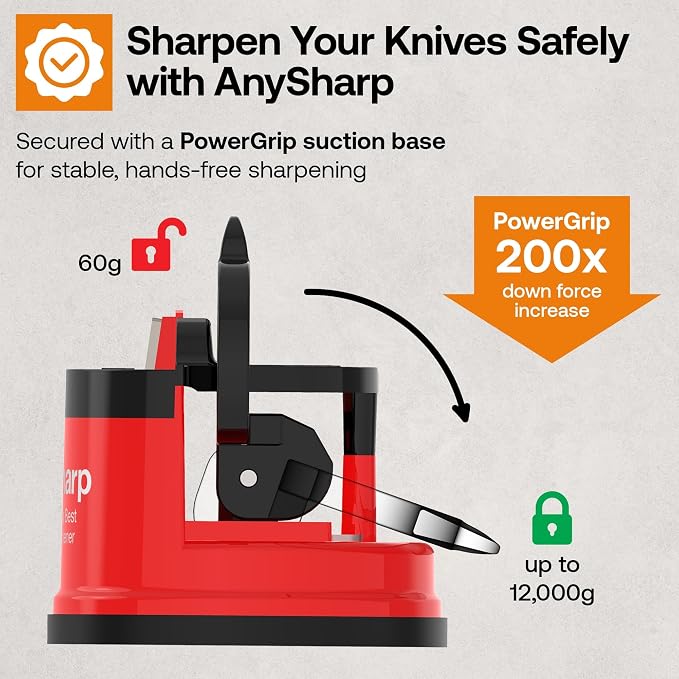 AnySharp – Global – Hands Free Knife Sharpener - Easy to Use Sharpening Tool with PowerGrip Suction Base and 20-Degree Pre-Set Angle - for All Knives: Chef's, Serrated, and Hardened Steel - Red