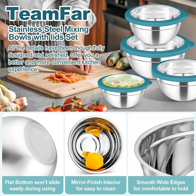 TeamFar Mixing Bowls Set, Stainless Steel Salad Bowl with Lids, Dark Blue | 4.5/3/1.5/1/0.7 QT, Metal Nesting Bowls with Visible Airtight Lids, For Serving/ Mixing/ Storing, Dishwasher Safe, Set of 5