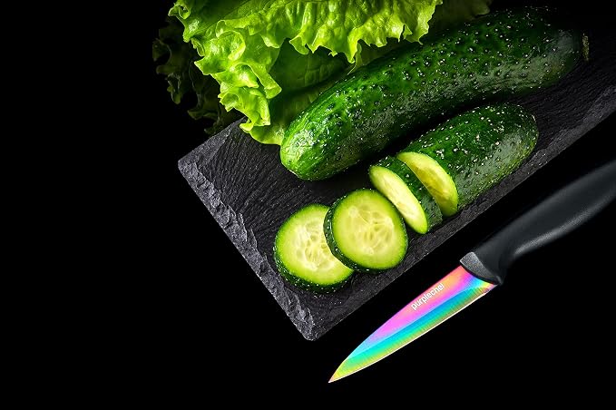 10 Pieces Iridescent Rainbow Titanium Coated Kitchen Knives Set. Includes 6 Stainless Steel Knives, Scissors, Knife Sharpener, Peeler, and Clear Acrylic Stand.
