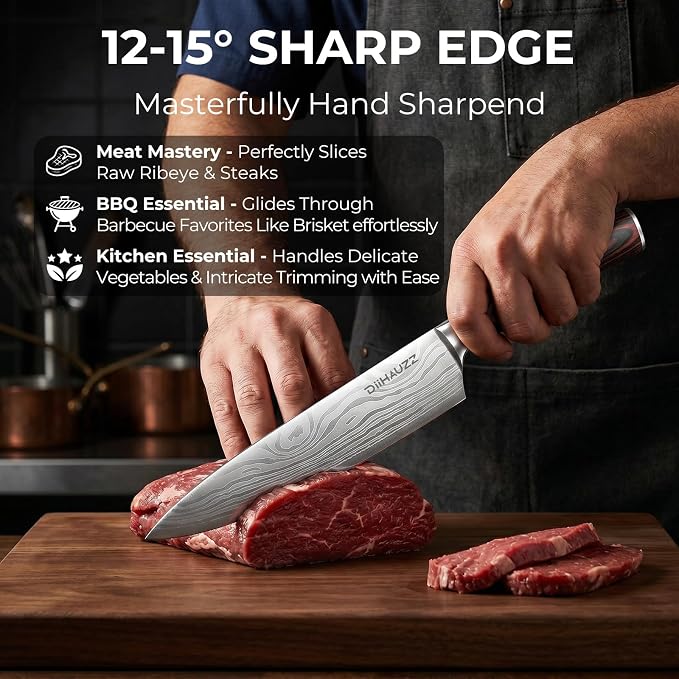 DiiHAUZZ 8 Inch Chef Knife, High Carbon Stainless Steel - Ultra Sharp Kitchen Gyutou Knife for Slicing Meat, Dicing Vegetables and Daily Meal Prep, Ergonomic Handle with Sheath, Gift Box