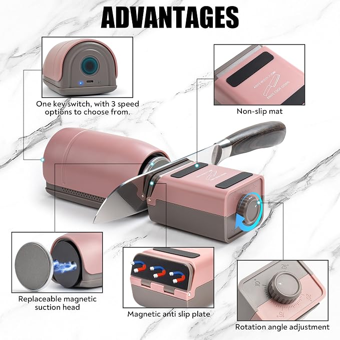 Electric Rolling Knife Sharpener - 3 Head Rolling System with Adjustable Angle Base - Ceramic Discs - 3-Speed USB-C Rechargeable for Kitchen, Chef, and Outdoor Knives - Advanced Knife Sharping Tool